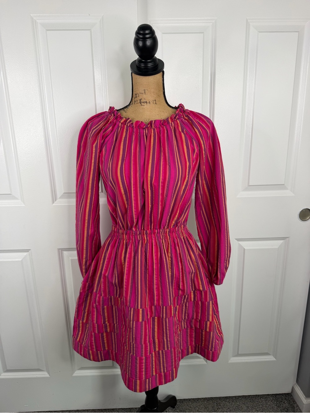 BURU Size S Pink Striped Cotton Long Sleeve Tiered Mini Dress - Picture 2 of 11